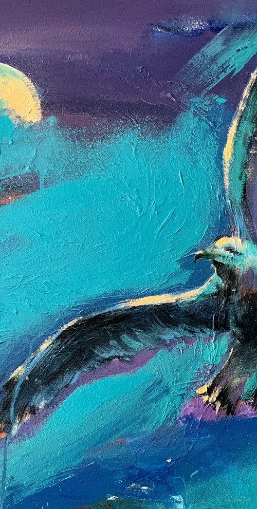 Bright painting - "Seagull on blue sunset" - 2022 by Yaroslav Yasenev