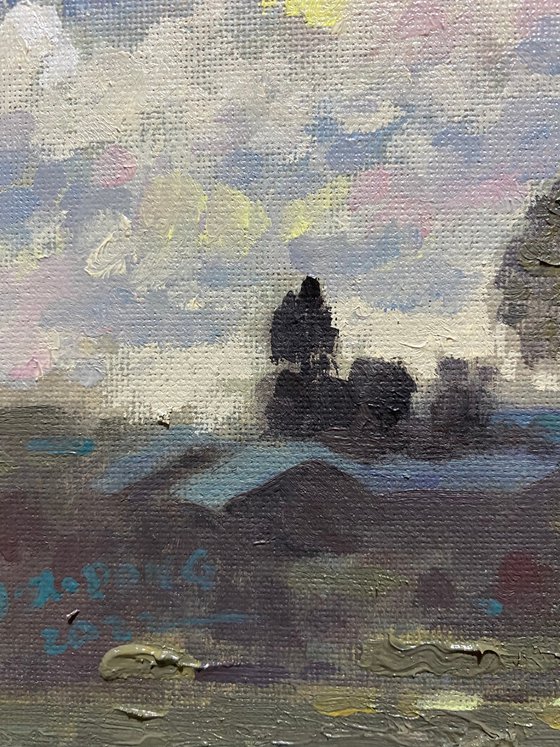 Original Oil Painting Wall Art Signed unframed Hand Made Jixiang Dong Canvas 25cm × 20cm Landscape At Nightfall House Small Impressionism Impasto