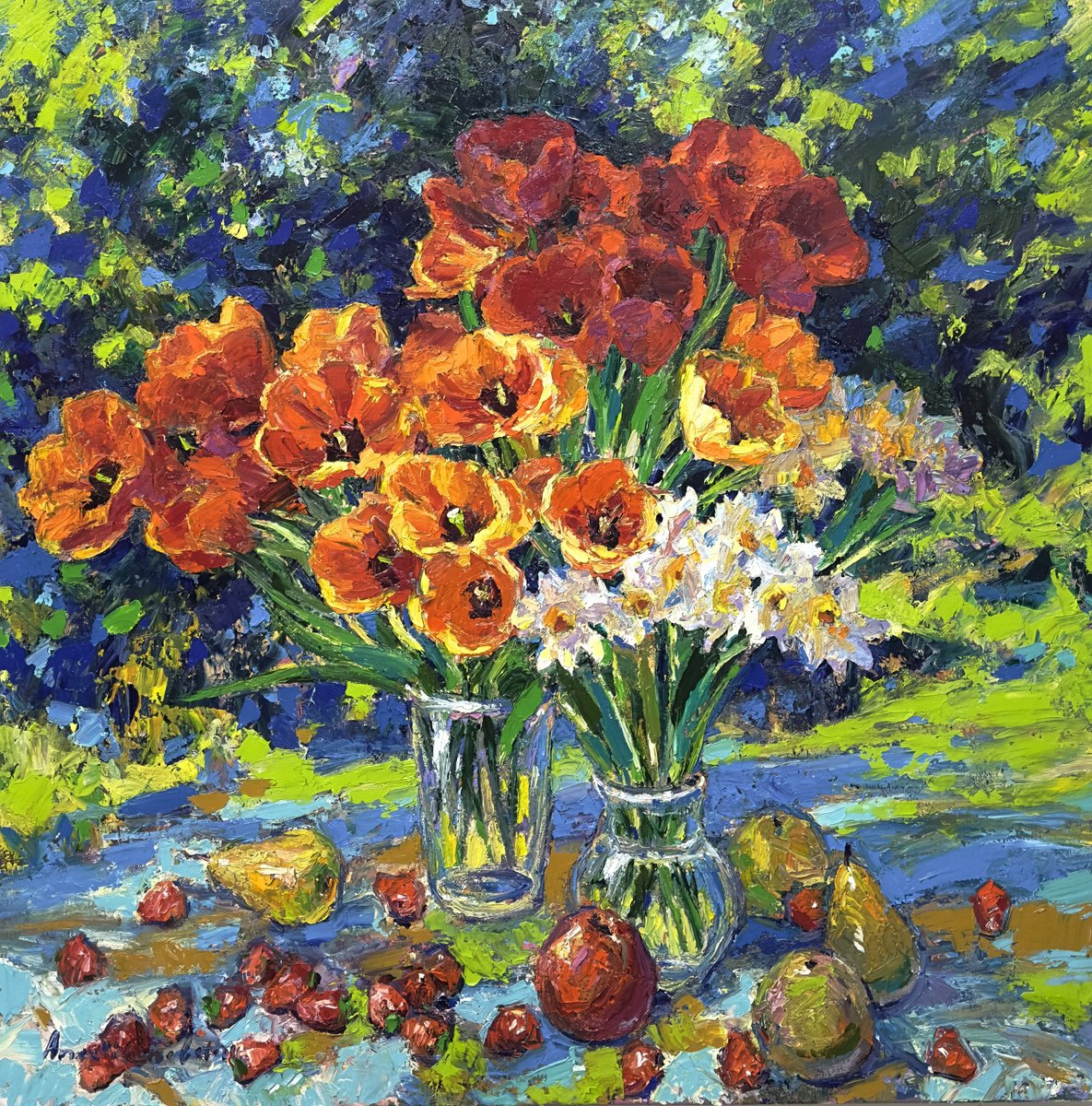 Impressionistic Still Life Oil Painting By Andrii Chebotaru, 39 X 39, Sunny Bouquet, Original Artwork