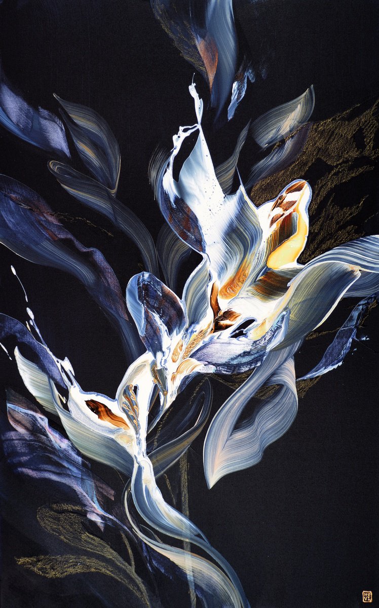 Abstract Acrylic Painting By Novi Lim, 30 X 48", Midnight Garden, Original Artwork