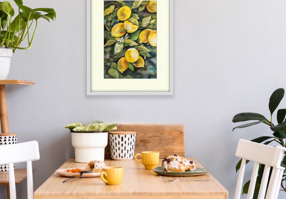 LEMON TREE - original watercolor painting - sunny yellow and green color - Valentine day gifts - Gifts for him - Gift for her