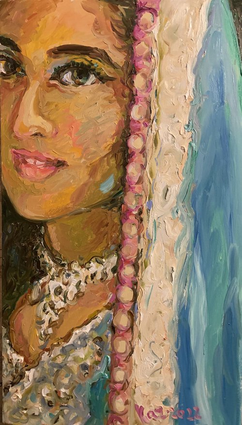 GIRL WITH BEADS- female portrait, face, love, original oil painting, light blue rose, Valentine 70x40 by Karakhan