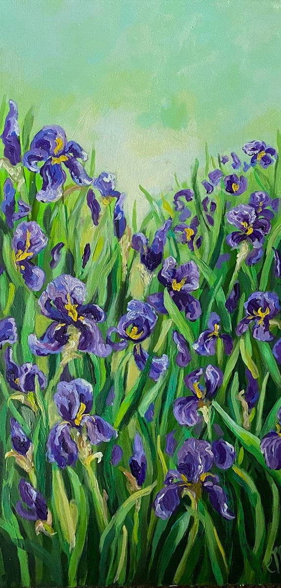 Impressionistic Botanical Acrylic Painting By Colette Baumback, 16 X 35, Iris Garden, Original Artwork