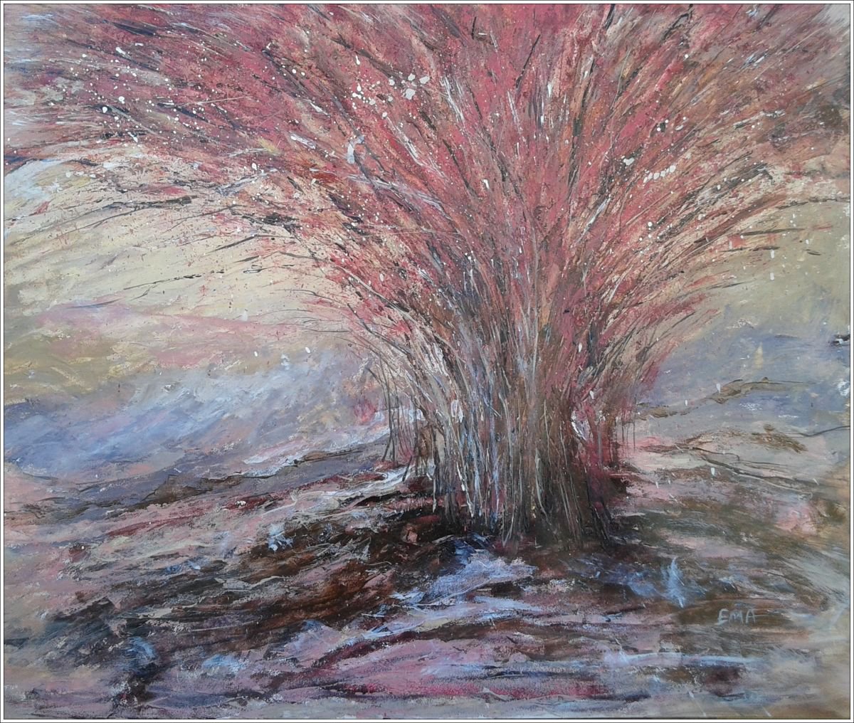 EARLY SNOW winter landscape in light pink blue colors by Emilia Milcheva