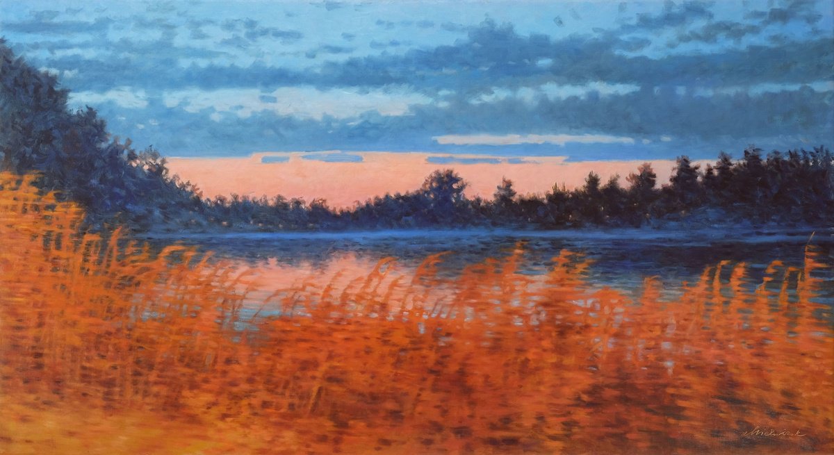 Impressionistic Landscape Oil Painting By Richard Mierniczak, 43 X 24", Lake By The Roadside, Original Artwork