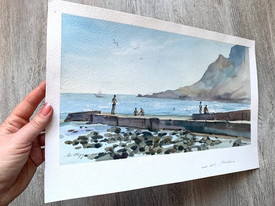 Sunny day on the seashore at the pier. Watercolour by Marina Trushnikova. Seascape, Plein air artwork, A3 watercolor.