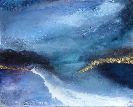 "Sapphire sky" abstract seascape dreamy atmospheric  mountains blue turquoise and gold leaf