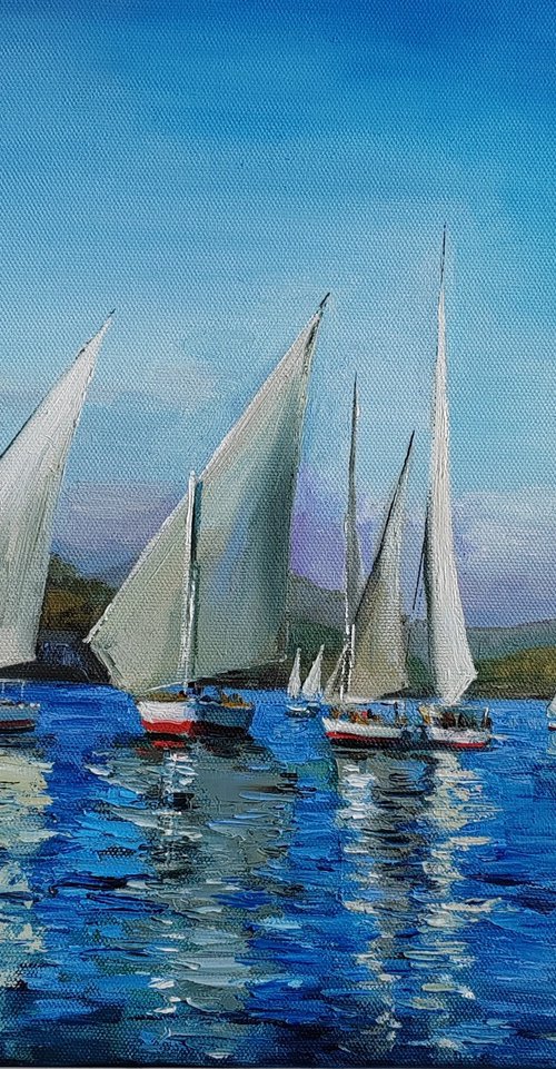 Felucca Boat on Nile River original oil painting nautical wall decor by Leyla Demir