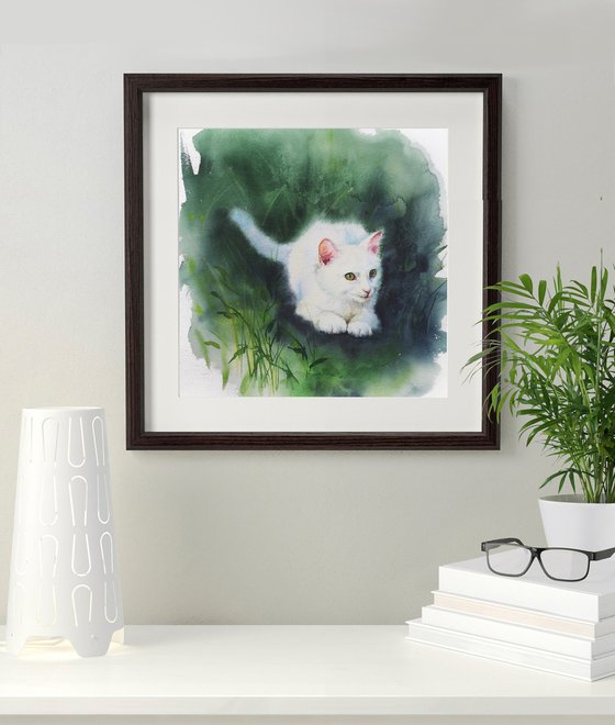 White Kitten in the Green Grass