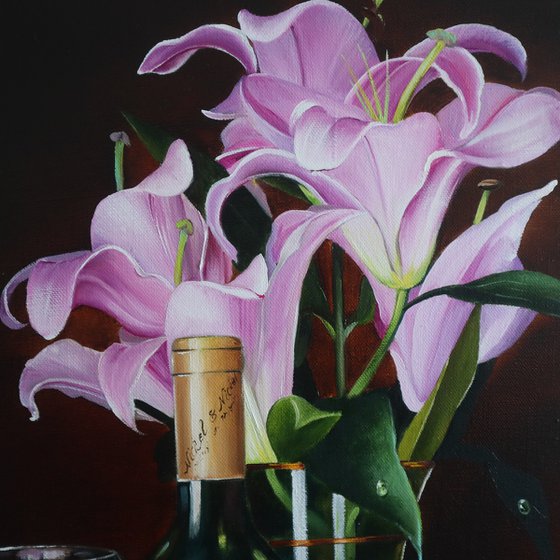 Wine Bottle, Lilies and Fruit