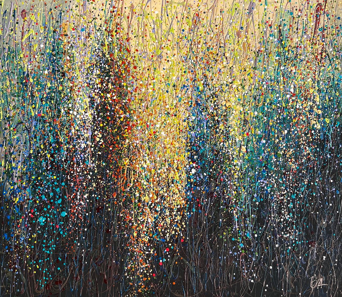 Abstract Acrylic Painting By Bogdana Antoniuk, 43 X 38, Golden Rain - Emerald, Original Artwork