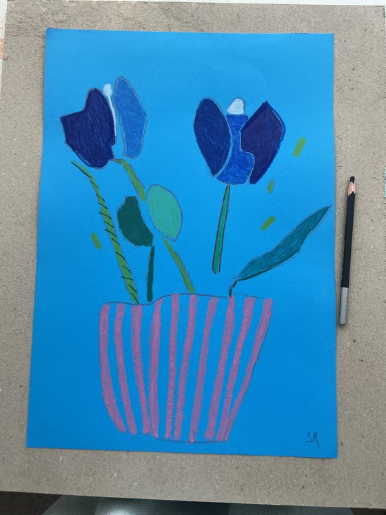 Blue Tulips in Pink Vase
