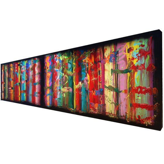 Rainbow A4 Large abstract paintings Palette knife 50x200x2 cm set of 2 original abstract acrylic paintings on stretched canvas
