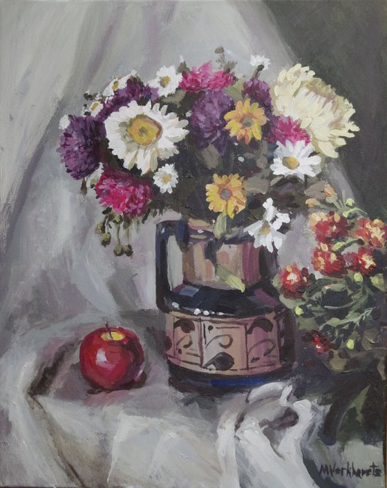 Floral still life with apple. --- (Gift idea, original acrylic painting, bunch of flowers in vase with red fruit. Ready to hung gallery wrapped.)