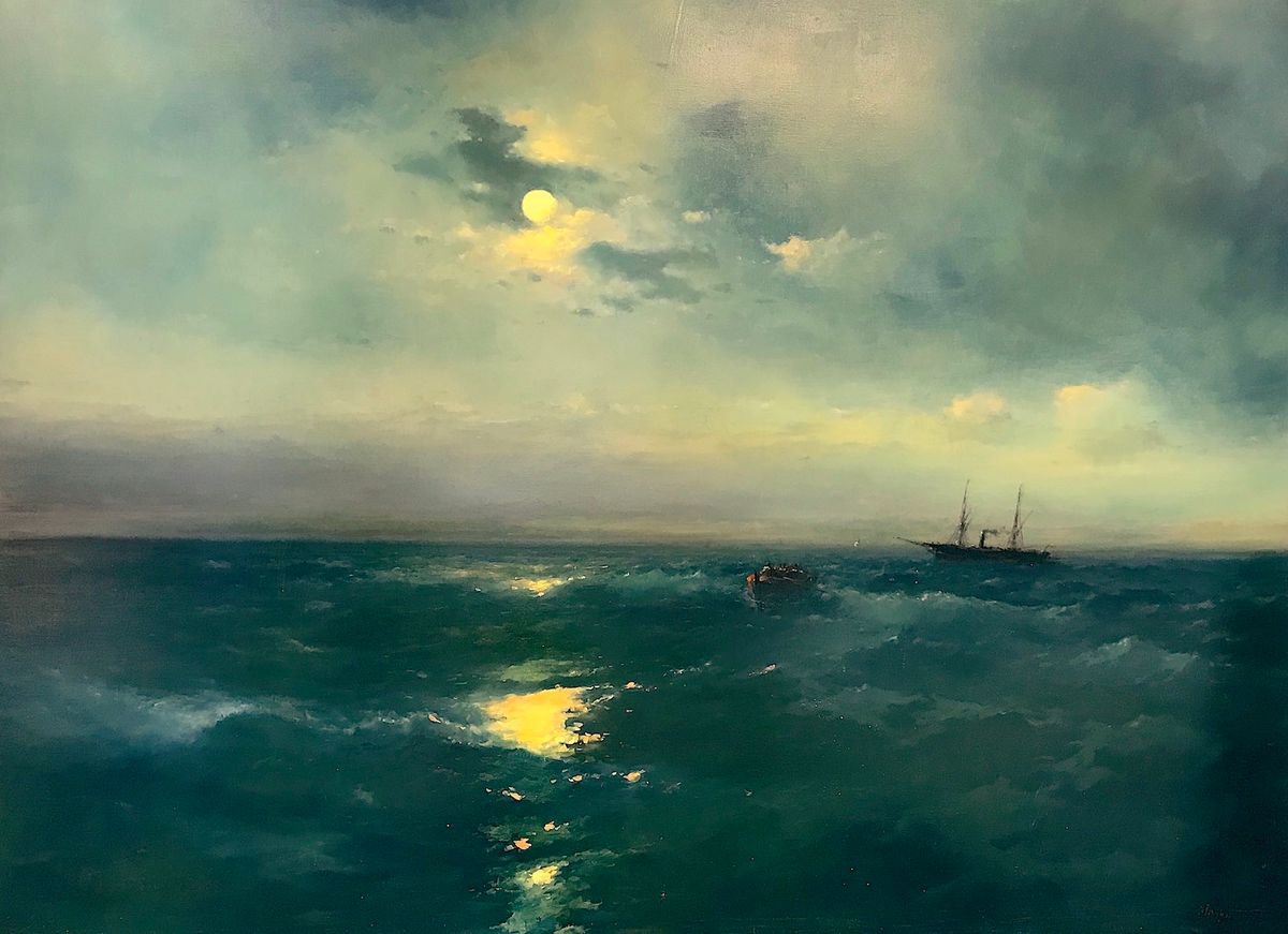 Moonlight, Seascape Original oil Painting, Handmade artwork, Museum Quality, Signed, One o... by Karen Darbinyan