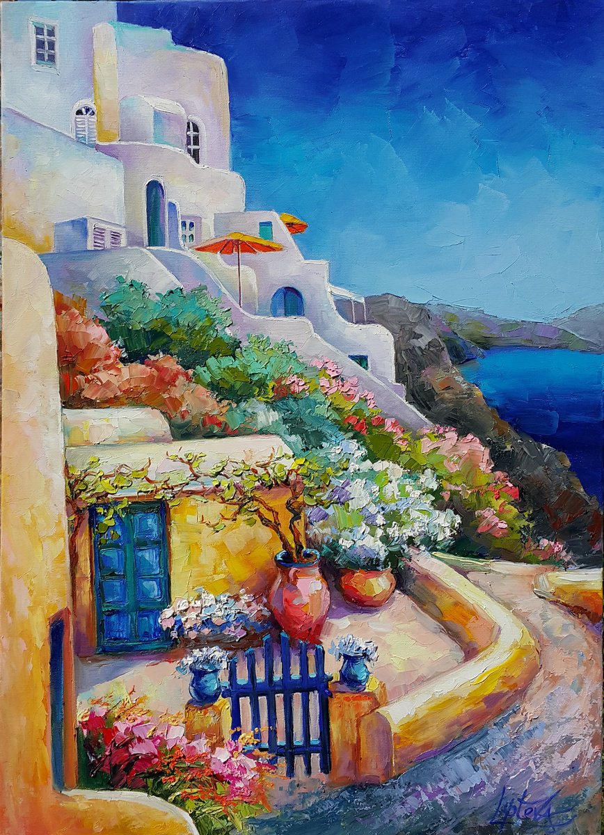 Impressionistic Landscape Oil Painting By Viktoria Lapteva, 20 X 28", Great Holiday In Santorini, Original Artwork
