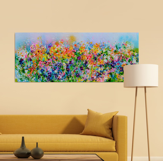 I've Dreamed 23 - Colorful Spring Floral Painting, Daffodils, Pansies, Snow Drops, Primroses - 150x60 cm, Palette Knife Modern Ready to Hang Floral Painting - Flowers Field Acrylics Painting