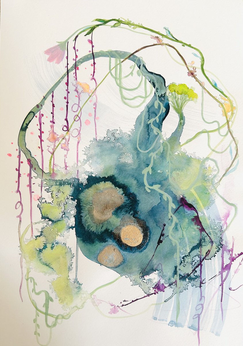 Abstract Ink Drawing By Ryoko Minamitani, 12 X 17", Magical Plants 15, Original Artwork