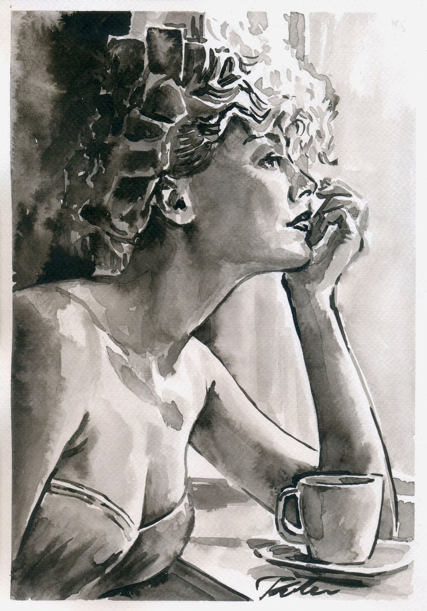 Urban And Pop Portrait Ink Drawing By Tashe, 8 X 12", "Waiting For The Sun", Original Artwork