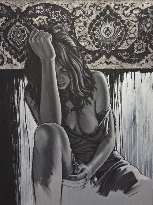 No boundaries.original mixed media artwork ( 122) X ( 92) c.m.figurative monochrome painting with modern and unique composition ready to hang by Mahtab Alizadeh