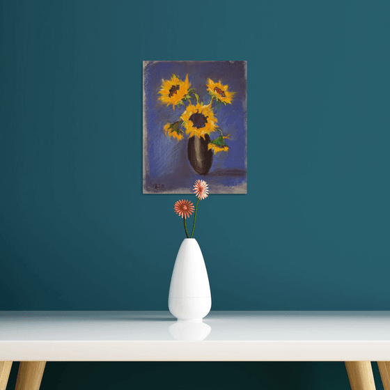 Sunflowers on a blue background. Small dry pastel drawing bright colors original art