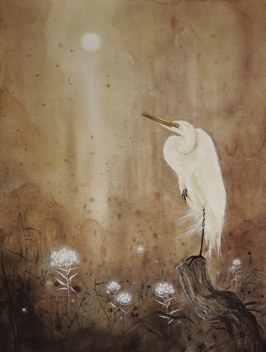 White Egret on the swamp where the rosemary blooms - white heron by Olga Beliaeva Watercolour