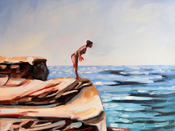 Jump or not? - Woman on Rocks Seascape Original Painting