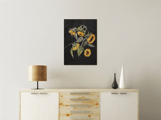 Yellow Sunflowers on the dark background impressionism Home Decoration Expression Love dynamics Energy energetic painting elegant flower painting