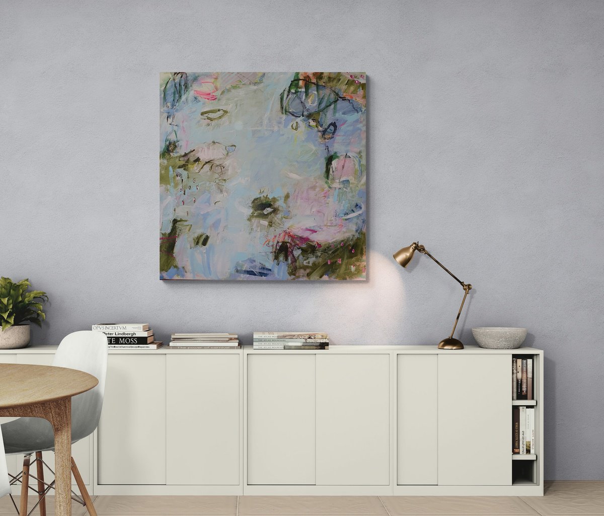 Organic Abstract Acrylic Painting By Jutta Widrinsky, 39 X 39", Rain Over The Waterlily Pond, Original Artwork
