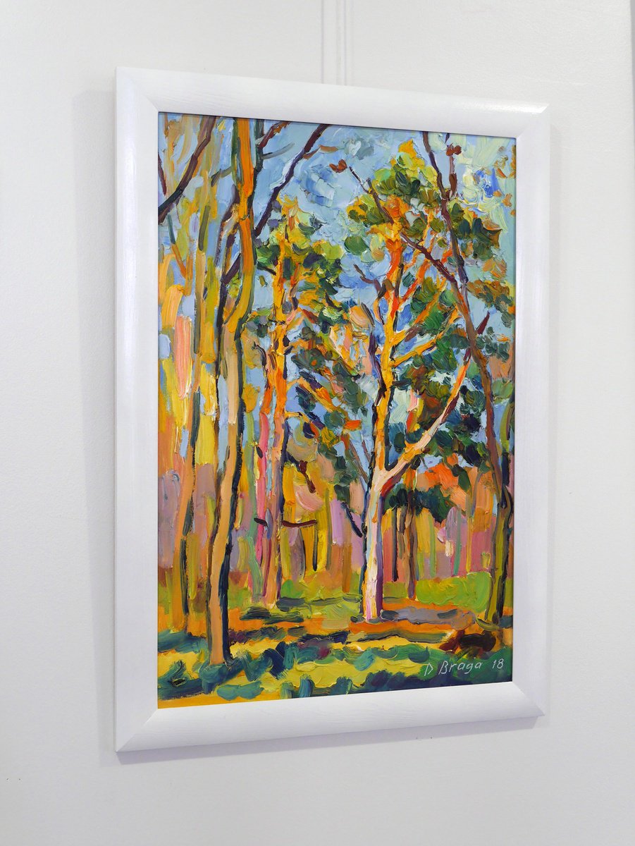 Expressive Landscape Oil Painting By Dima Braga, 16 X 24, Autumn Pine Trees, Original Artwork
