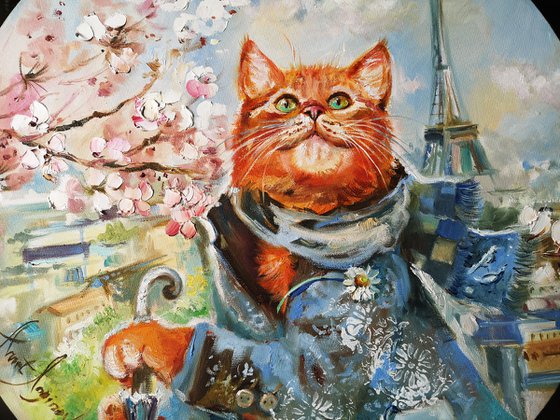 Cat Original Art, Painting on a round canvas