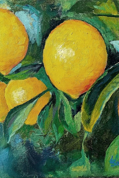 Yellow lemons on a branch by Liubov Samoilova