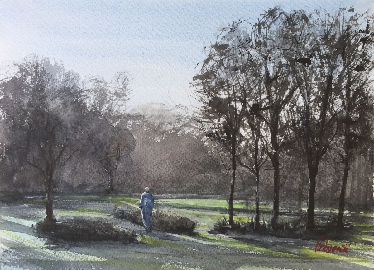 Impressionistic Landscape Watercolour By Tihomir Cirkvencic, 15 X 11", Morning Walk In The Park, Original Artwork