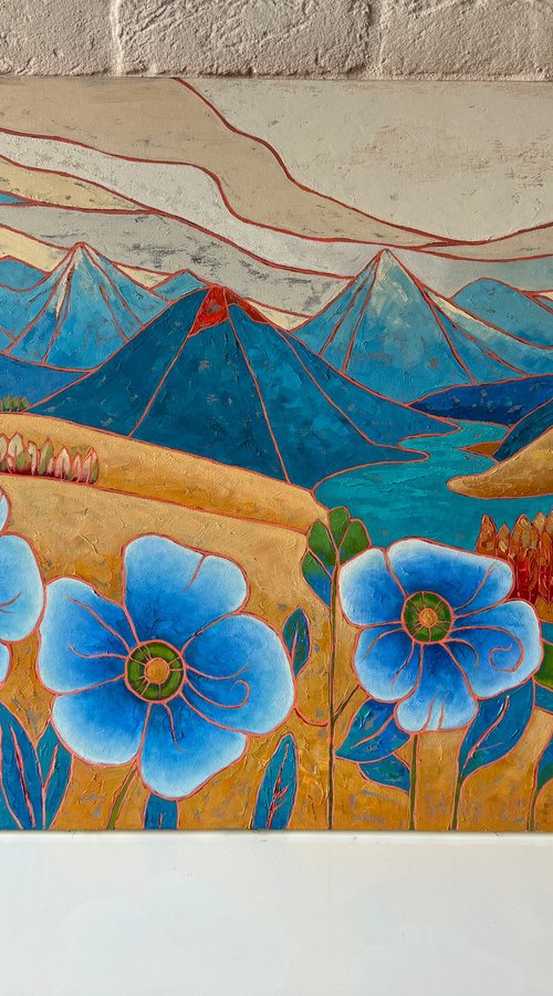 Blue poppies and mountain by Mary Voloshyna