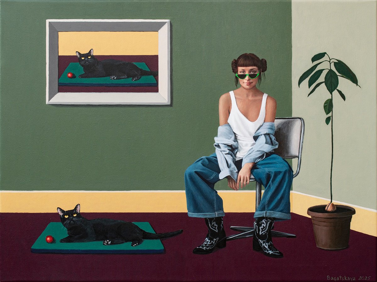 Photorealistic Portrait Acrylic Painting By Nataliya Bagatskaya, 31 X 24", The Ficus, Cat, And She..., Original Artwork