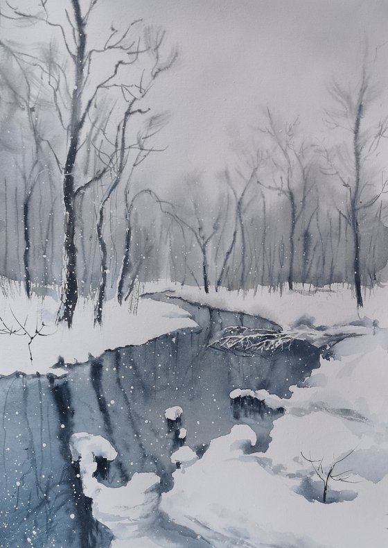 The Melancholy Of Winter – winter landscape snow snowy dusk snowfall watercolor winterscape