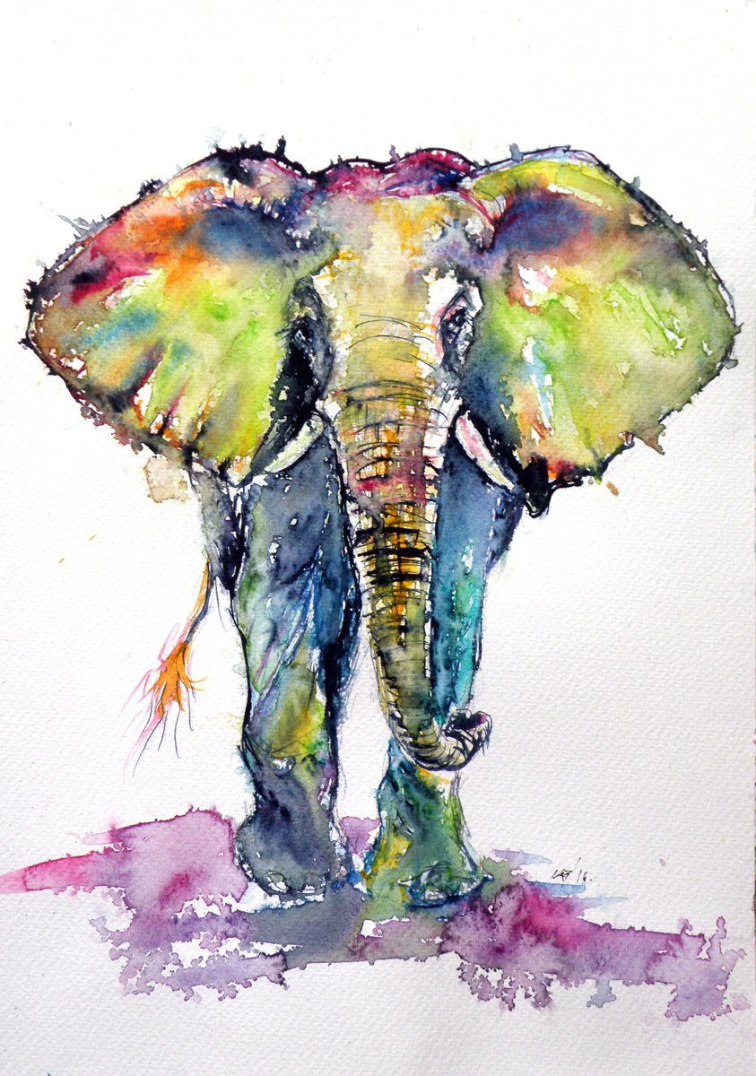 Impressionistic Animal Watercolour By Kovacs Anna Brigitta, 10 X 14", Colorful Elephant, Original Artwork