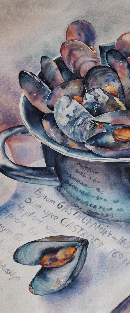 Mussels - original watercolor seafood by Delnara El