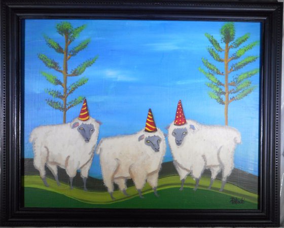 Sheep in Party Hats Party in the Pasture Framed Acrylic Painting