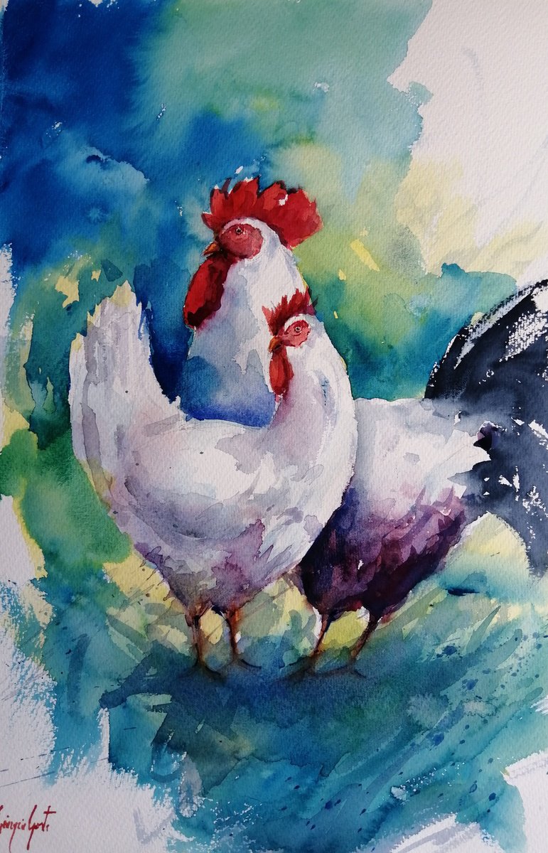 Impressionistic Watercolour , Roosters And Hens 9 By Giorgio Gosti, 14 X 21, Artwork For Sale On Artfinder
