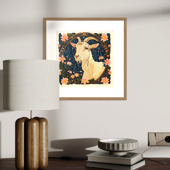 Goat – reduction linocut print