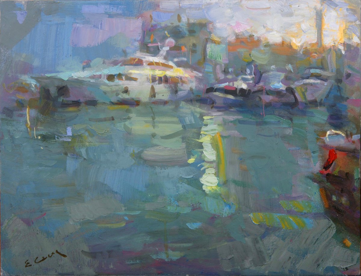 Expressive Oil Painting , Twilight In The Port By Eugene Segal, 22 X 16, Artwork For Sale On Artfinder