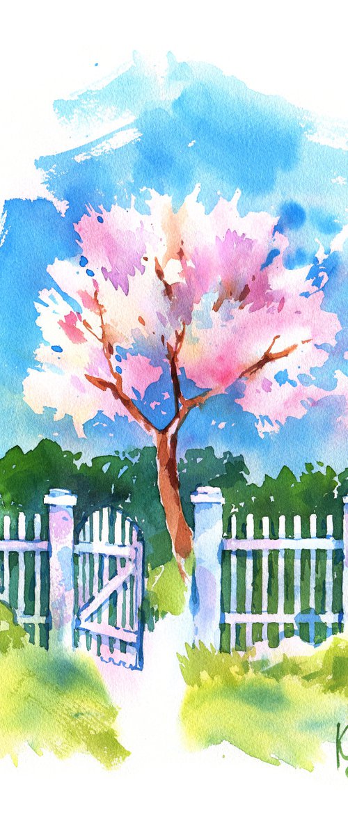 Bright landscape "Spring. Blooming apricot tree behind a white garden fence" original watercolor painting by Ksenia Selianko