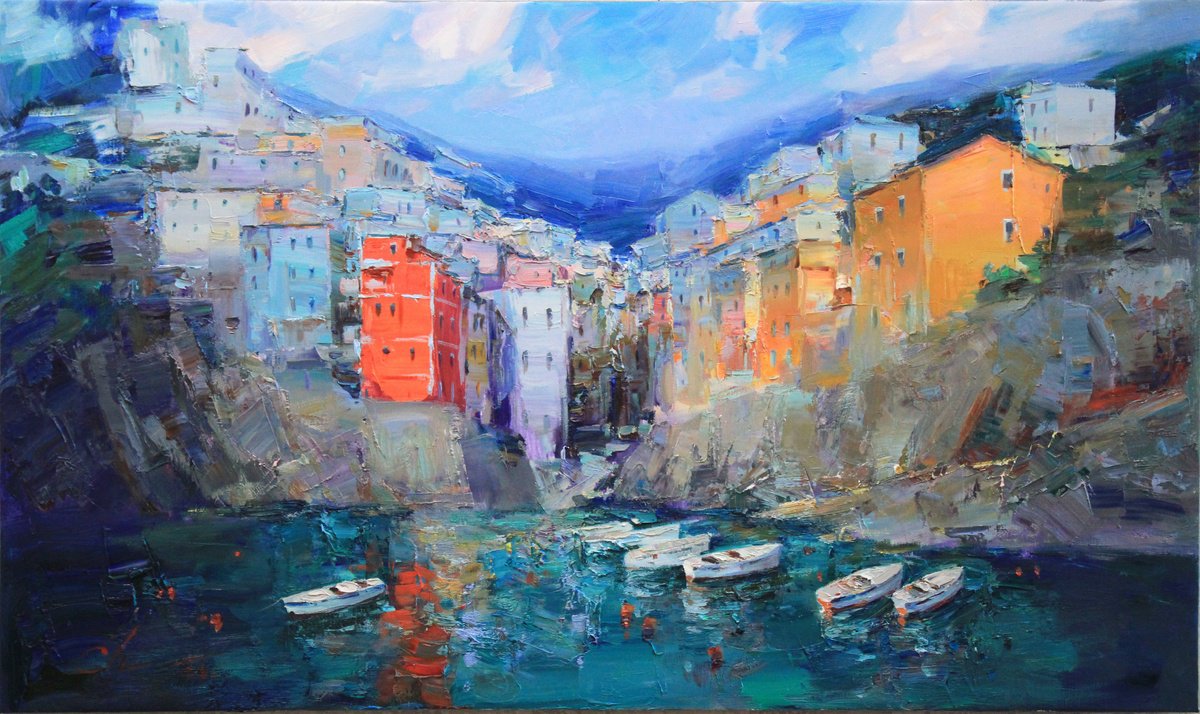 Impressionistic Cityscapes Oil Painting By Serhii Cherniakovskyi, 39 X 23", Riomaggiore, Original Artwork