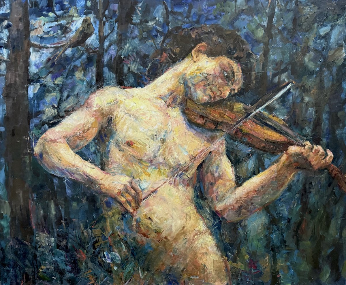 Expressive Portrait Oil Painting By Liubou Sas, 39 X 31", Violinist, Original Artwork