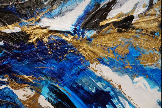 Golden Blue Silk 190cm x 100cm Blue Gold Abstract Art