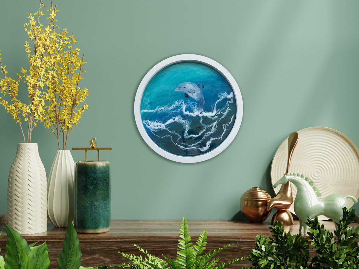 Dolphin among the waves - original artwork, framed, ready to hang by Delnara El