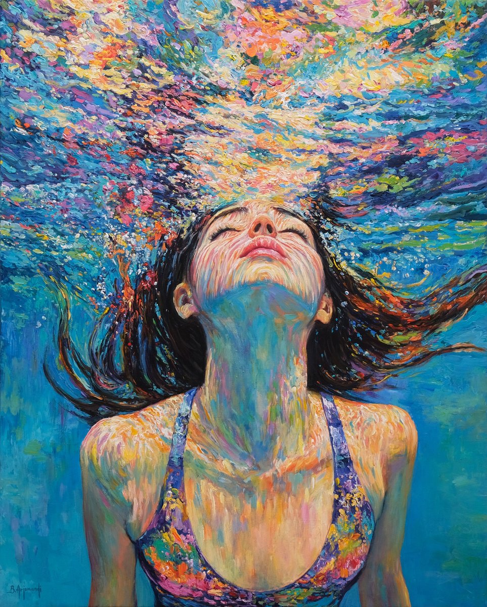 Impressionistic Portrait Acrylic Painting By Behshad Arjomandi, 32 X 39, Colorful Underwater Dream, Original Artwork