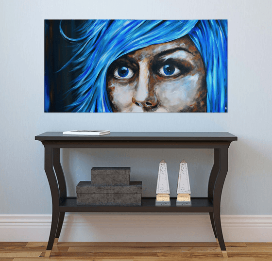 Blue Fear - XXL Original New Contemporary Art Painting Portrait on Large Canvas Ready to Hang