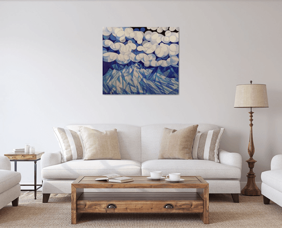 Winter evening (90x80cm, cubism, oil painting, ready to hang)